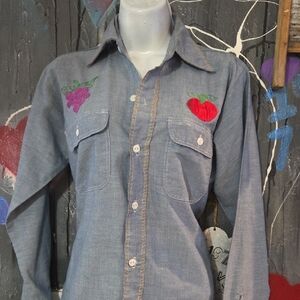 Embroidered Denim Shirt with Fruit Motifs